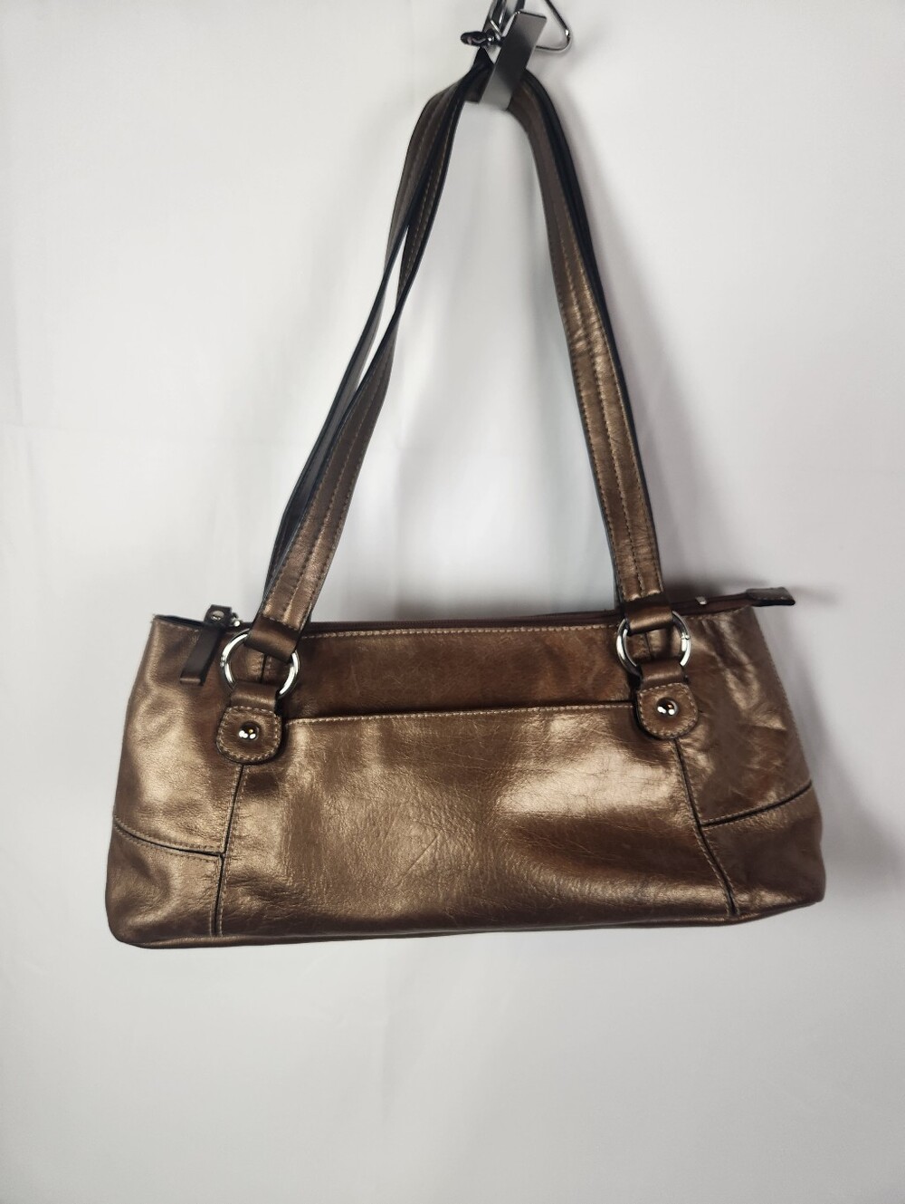 Giani Bernini Bronze Leather Shoulder Bag Y2K Metallic Baguette Tote Purse